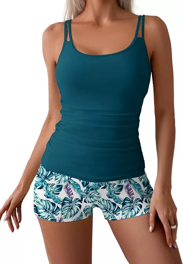 Green Tankini with Floral Boy shorts