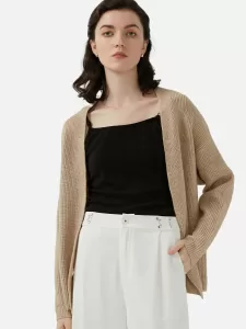 Casual v neck cardigan sweater - tan loose fit