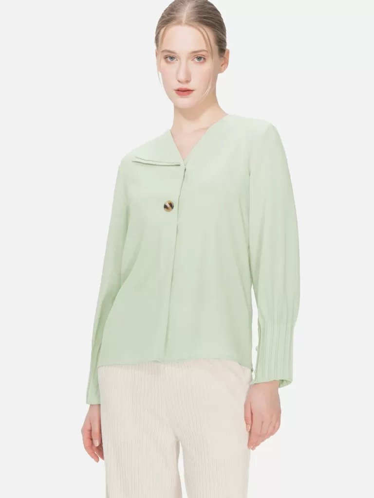 Light green chiffon V neck long sleeve blouse