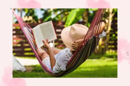 must read books on vacation. Girl reading book in hammock