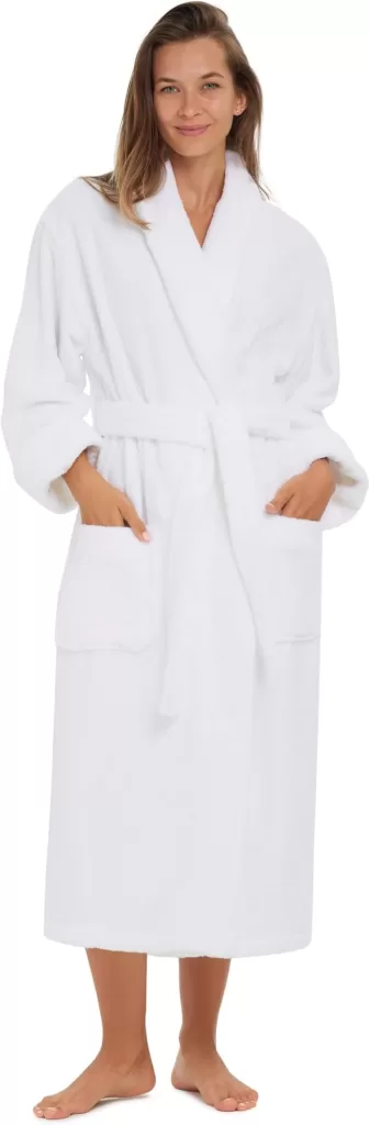 Soft durable combed cotton robe shown in white