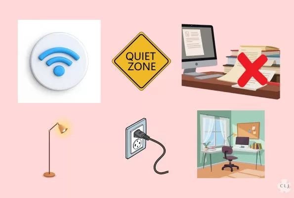 Components of a good home office, wifi, quiet, clutter free, lighting, outlets, cozy decor