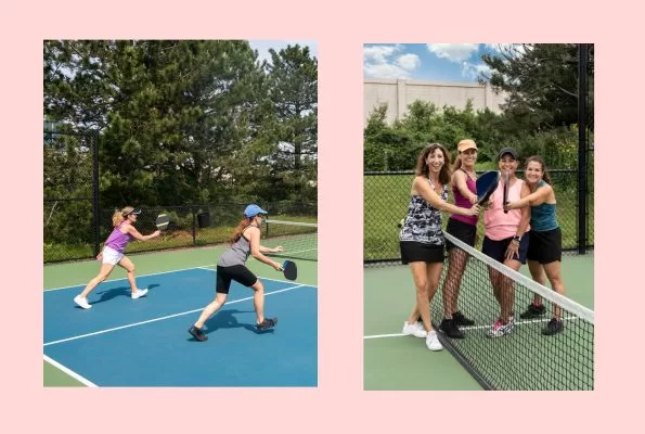 Ladies playing social pickleball