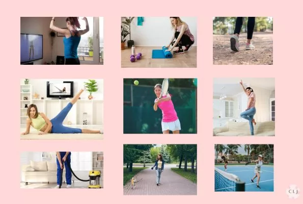 Collage of fitness activities. Walking dog, walking on trail, workout to YouTube videos, dance at home, play tennis or pickleball, home yoga, vacuum