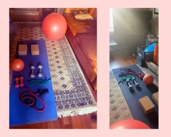 My mini workout area in my living room with yoga mat, dumbells, stability balls and resistance bands. 