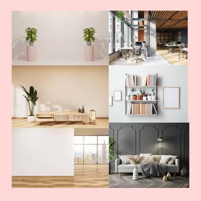 examples of zoom or teleconferencing backgrounds.  Office, library and living room scenes