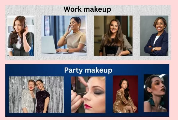 Work makeup looks versus Party make up looks are shown   The work makeup looks more natural.  The party makeup is more colorful and dramatic