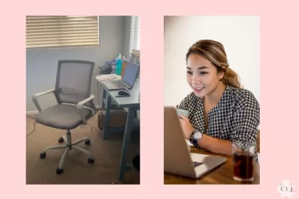 comfortable stylish grey office chair on left; girl working from home on right