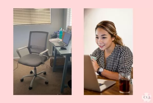 comfortable stylish grey office chair on left; girl working from home on right