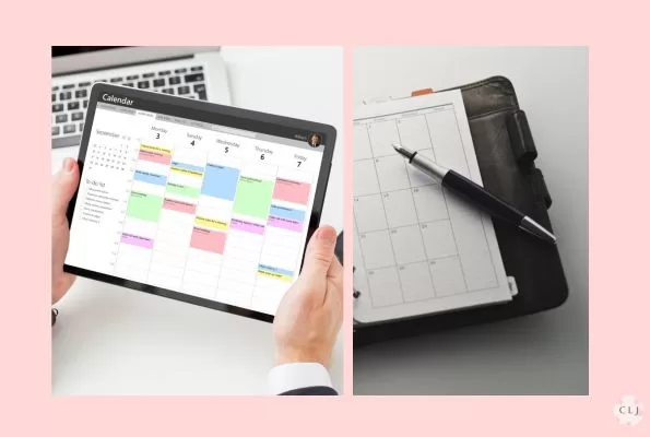 A digital planner shown on the left, a paper planner shown on the right