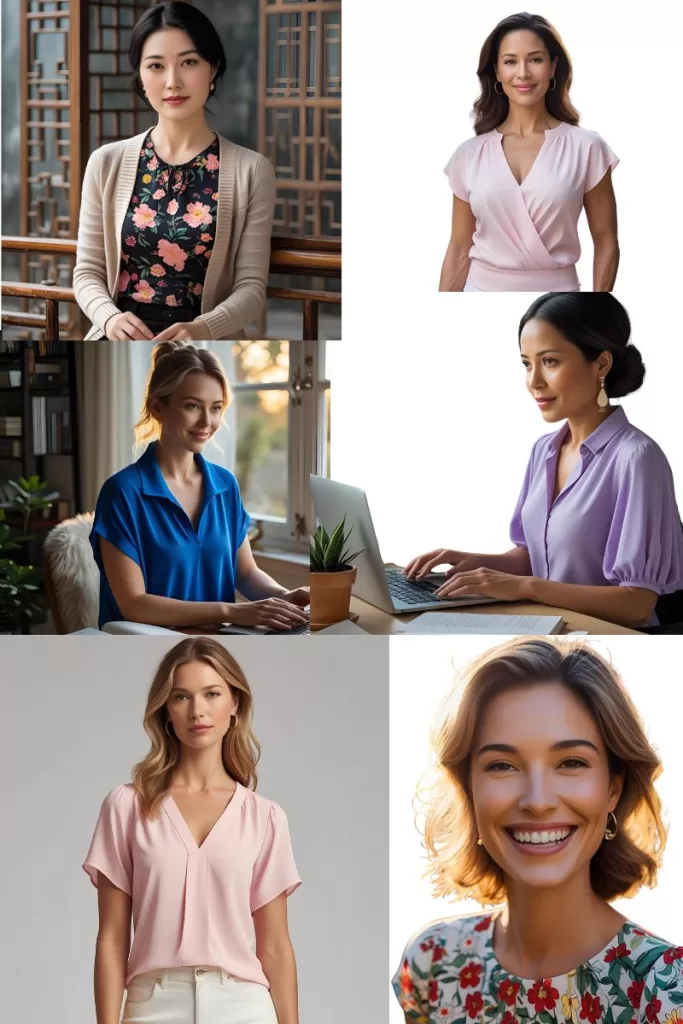 Collage of summer work from home blouses and tops for women
