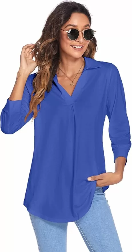 Collared v neck shirt with long sleeves, comfy rayon polyester blend.