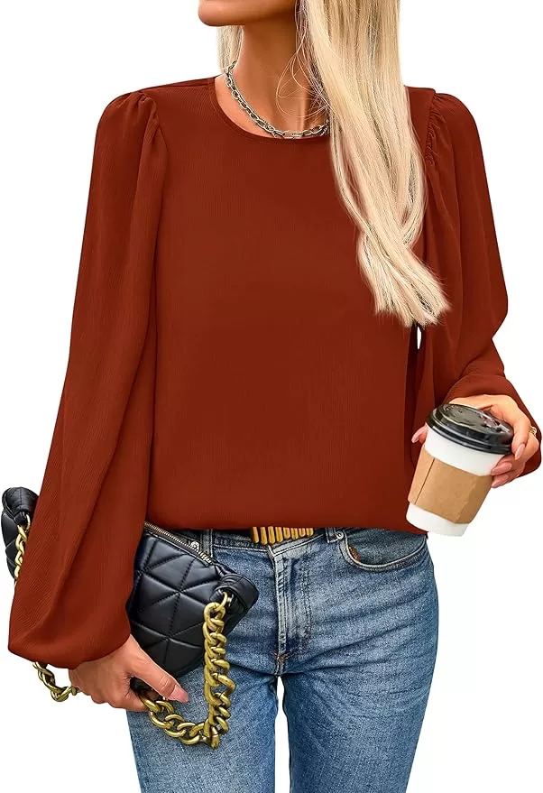 Elegant baloon sleeve round color marron top