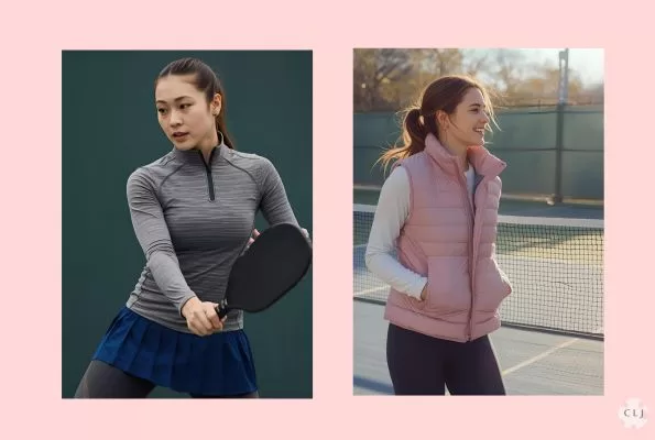 On left, woman wearing half zip shirt and pickleball shirt with leggings. On right, women wearing puffer vest over a long sleeve shirt on a pickleball court