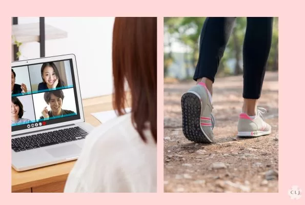 Girl taking work call telecom then going for a walk in joggers