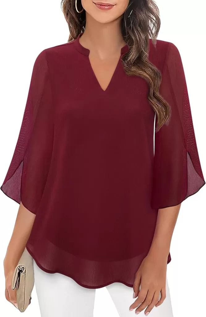 Holiday Red v neck blouse chiffon for work telecons or socials