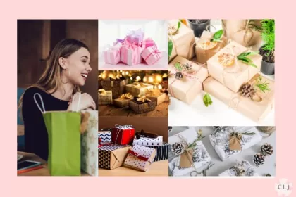 A woman on the left receiving a gift smiling. An assortment of wrapped gifts