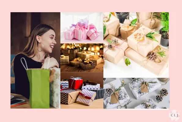 A woman on the left receiving a gift smiling. An assortment of wrapped gifts