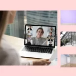 Girl on Zoom call. 3 zoom backgrounds shown on right. lavendar wall with plan, office scene with bookshelves, empty office room