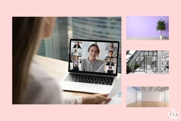 Girl on Zoom call. 3 zoom backgrounds shown on right. lavendar wall with plan, office scene with bookshelves, empty office room