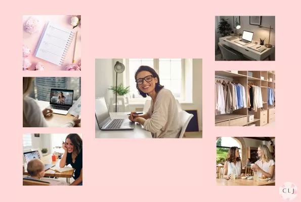 Woman working at computer from home. Looking at planner, eating lunch with friends, balancing work with home, picking out comfy professional work clothes, taking an online meeting