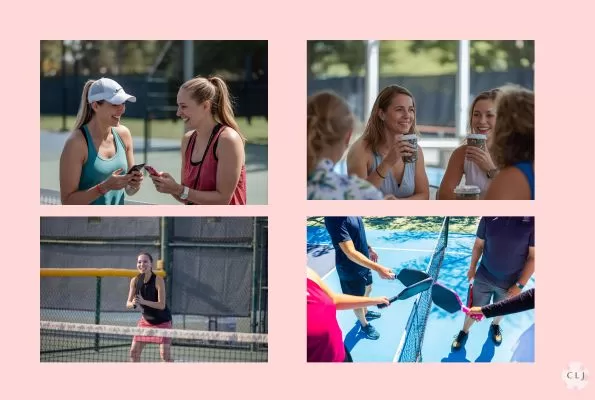 Activities to meet people and socialize in pickleball. Ladies, exchanging numbers after a game, drinking coffee together, smiling while playing, tapping paddles after the game