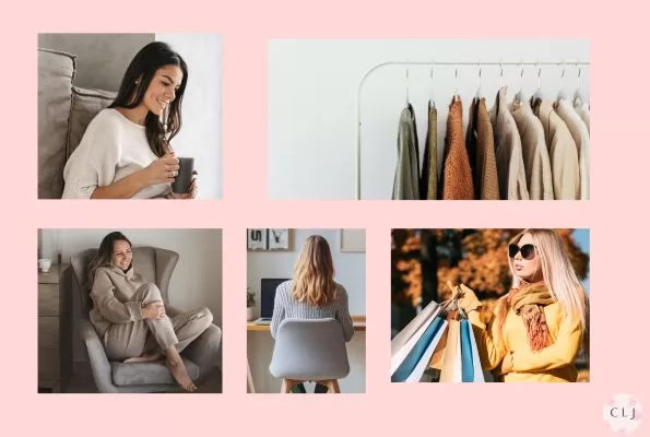 Girl in comfy loungewear drinking coffee, sitting in a cozy chair, working at a desk from home, comfy loungewear in her closet, going shopping