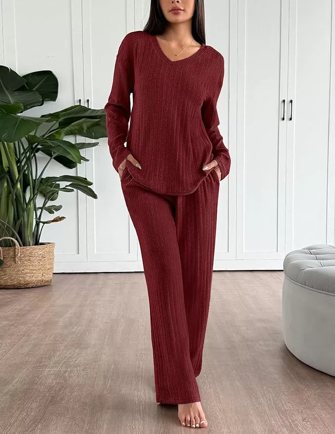 Maroon V-neck knit loungewear