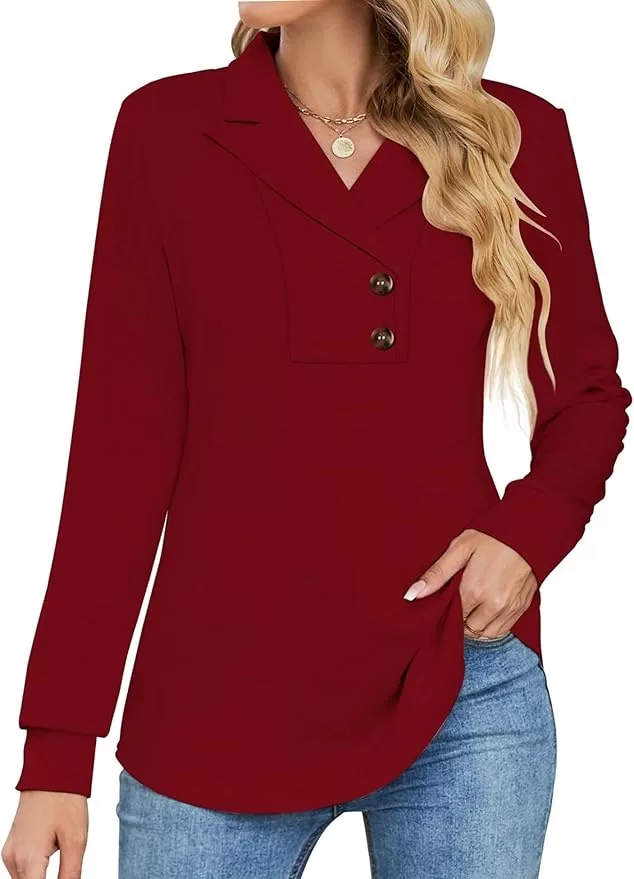 For a winter teleconference, collared v neck in holiday red has a lapel with a button