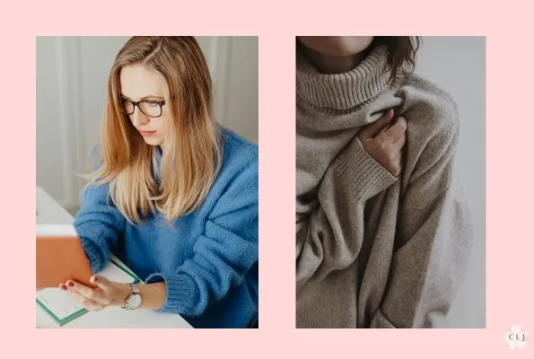 Women in cozy sweaters working from home