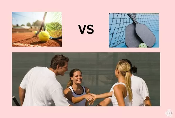 Tennis racquet and ball on left vs pickball and paddles on right; players socializing below