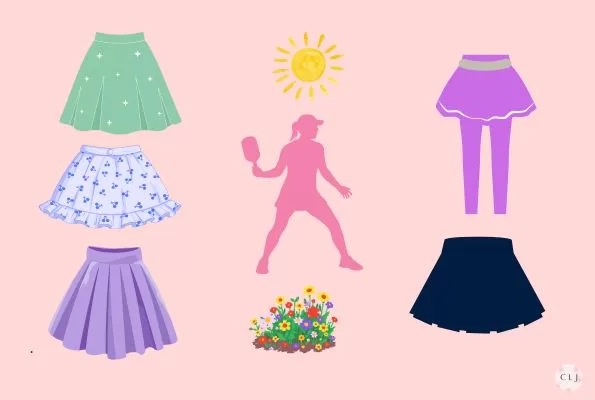cute colorful pickleball skirts for spring and summer with pickleball girl in center with sun on top and spring flowers below