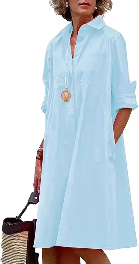loose fit blue v neck house dress