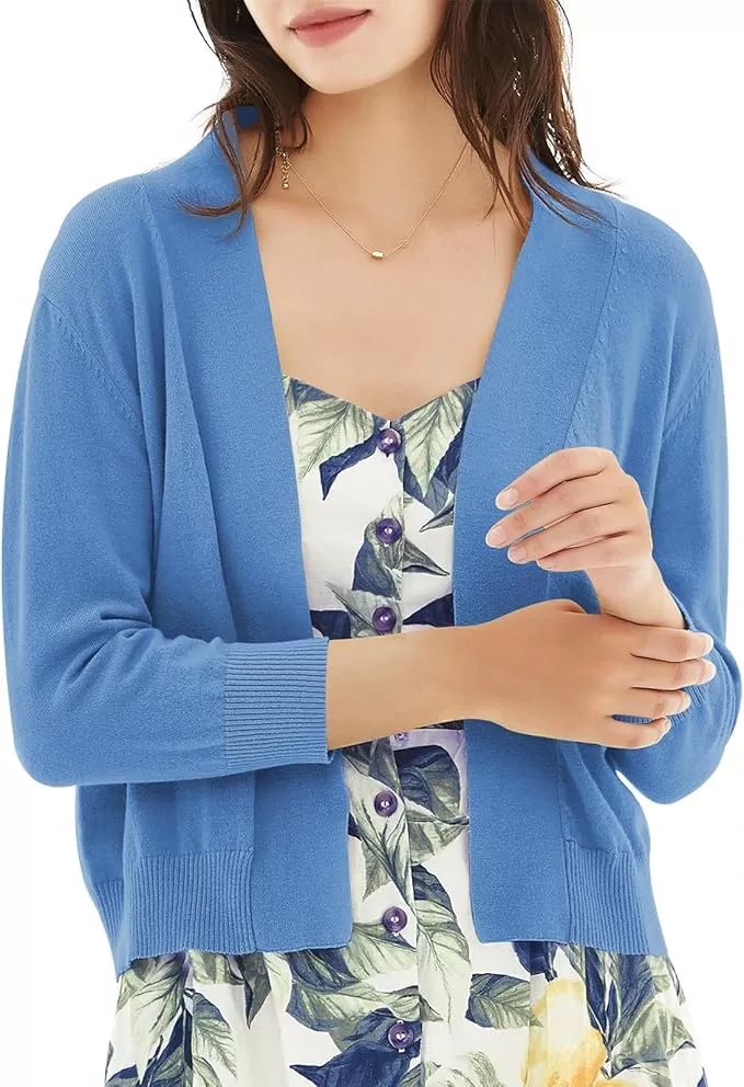 Spring blue 3/4 sleeve cardigan over a printed blouse