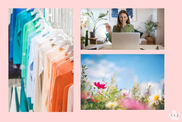 spring clothis in a closet; women working from home in spring green; spring flowers in a meadow under a blue sky