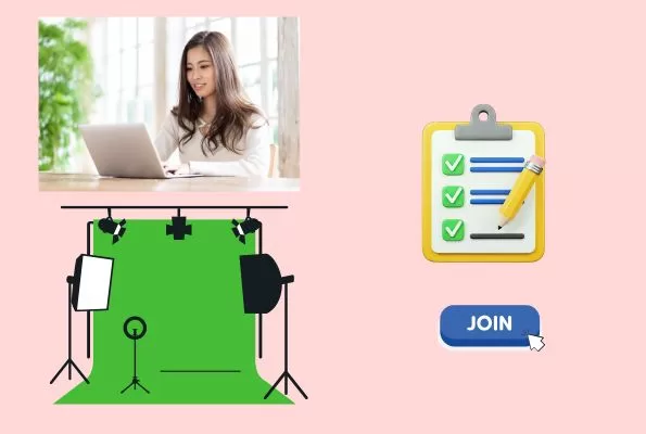 Virtual meeting checklist. Woman checking Zoom online meeting, green screen with lighting, join button