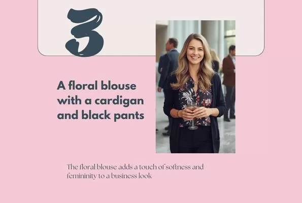 Floral blouse with a cardigan and black pants