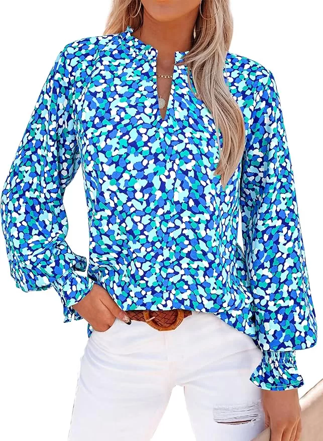 Green and blue long sleeve blouse printed