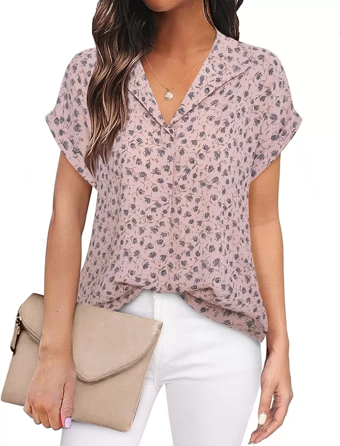 Printed short sleeve pink collared blouse
