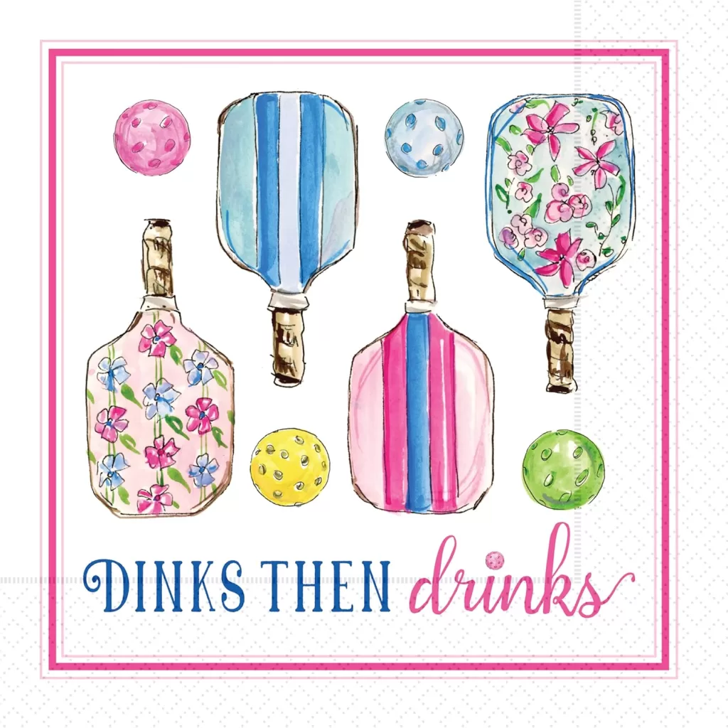 Dinks then drinks cocktail napkin showing pickleball and floral paddles