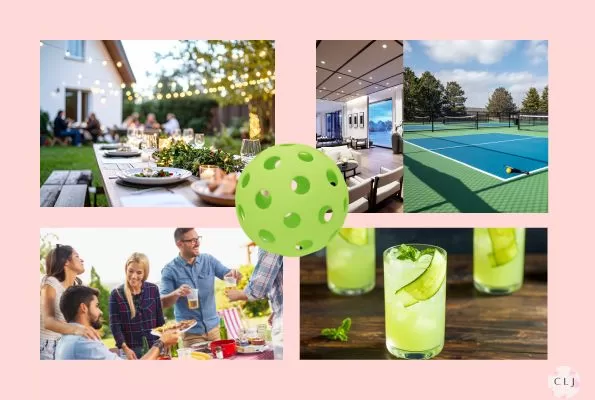 backyard party, pickleball clubhouse, court, players socializing, pickleball colored drink all for a pickleball party