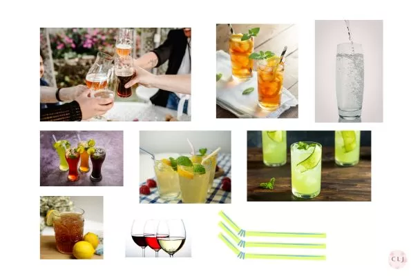 Tea lemonade beer wine soda yellow straws water pickleball party drinks